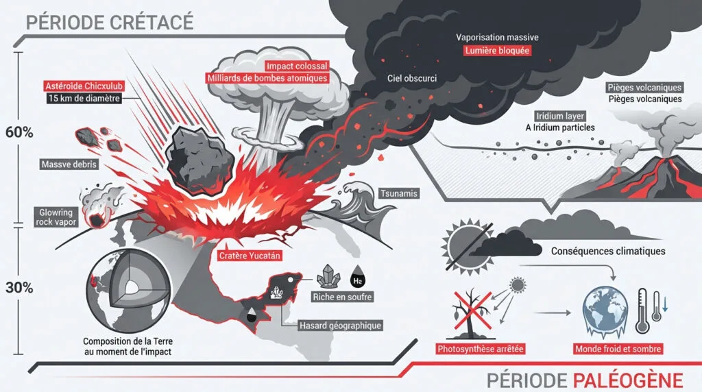 Représentation de l'impact de l'astéroïde de Chicxulub sur la Terre à la fin du Crétacé