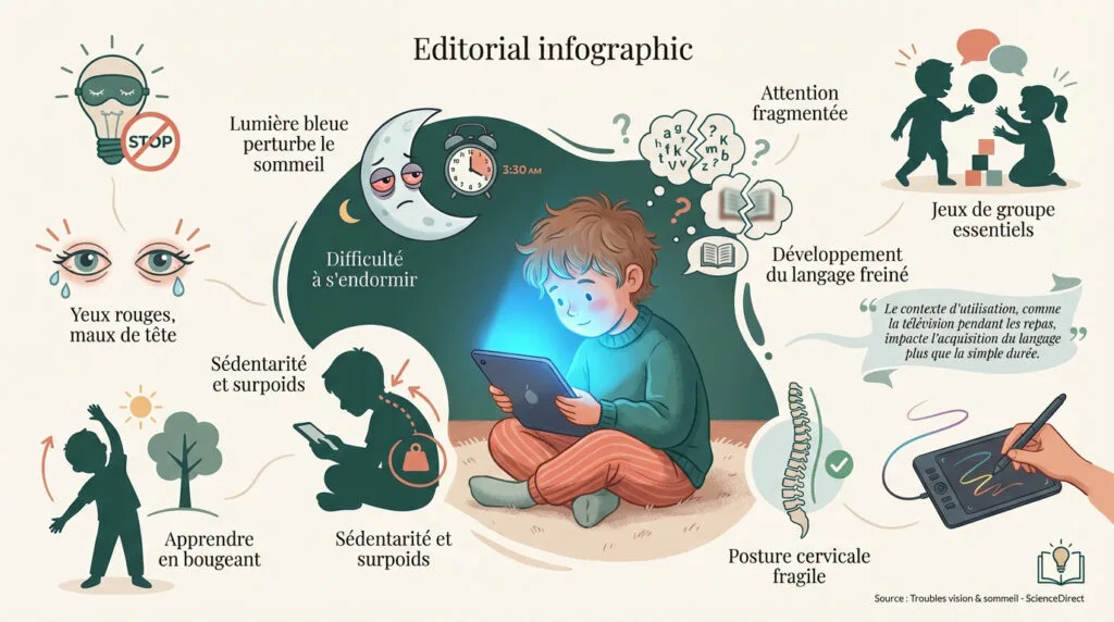 Enfant utilisant une tablette le soir illustrant l'impact de la lumière bleue