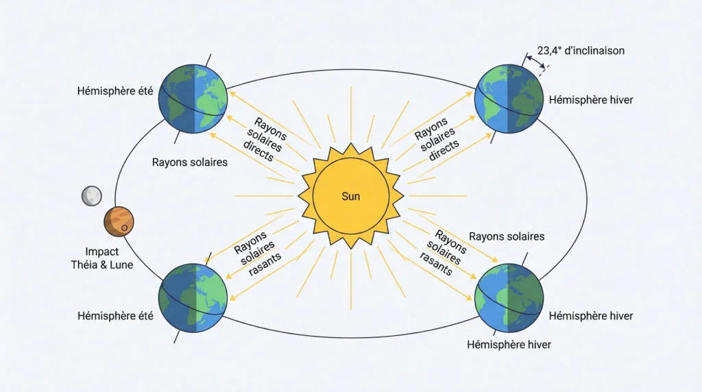Schéma de l'inclinaison de l'axe de la Terre par rapport au Soleil expliquant les saisons