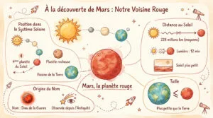Infographie colorée pour enfants présentant Mars : sa position, distance au Soleil, taille, et l'origine de son nom.