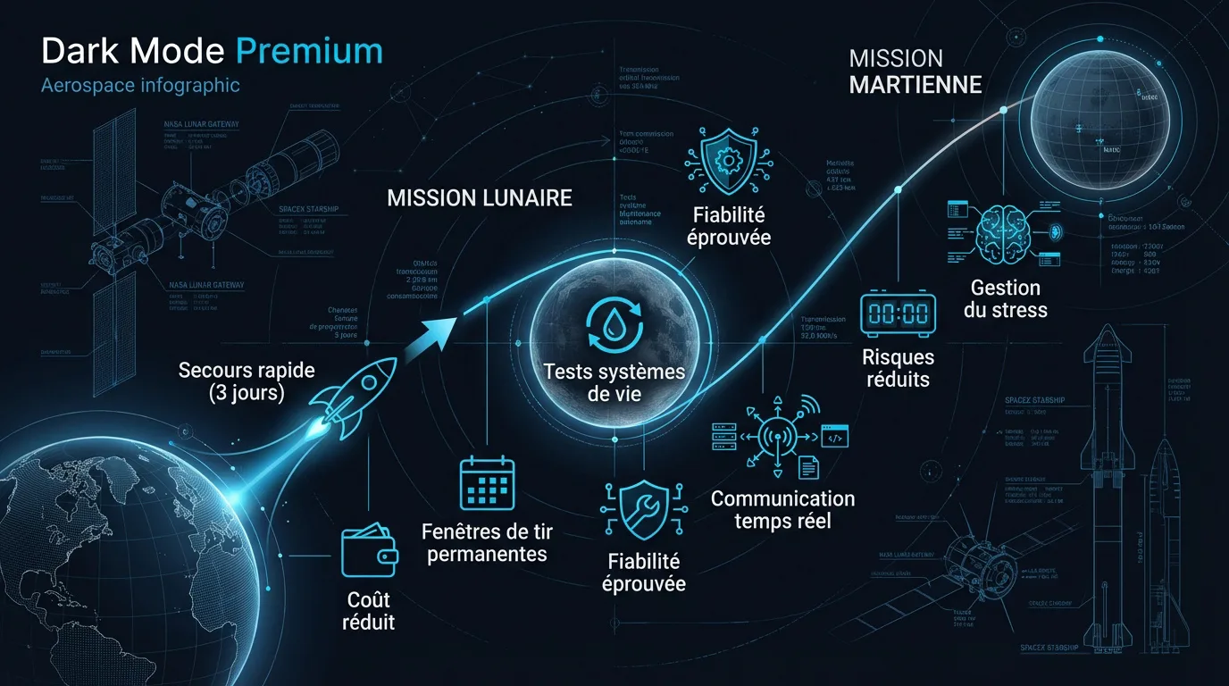 Infographie aérospatiale en mode sombre détaillant les étapes des missions Lune-Mars avec technologies et avantages clés.