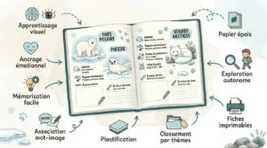 Illustration d'un carnet ouvert avec fiches "Ours Polaire" et "Renard Arctique", décrivant les bénéfices pédagogiques des fiches imprimables.