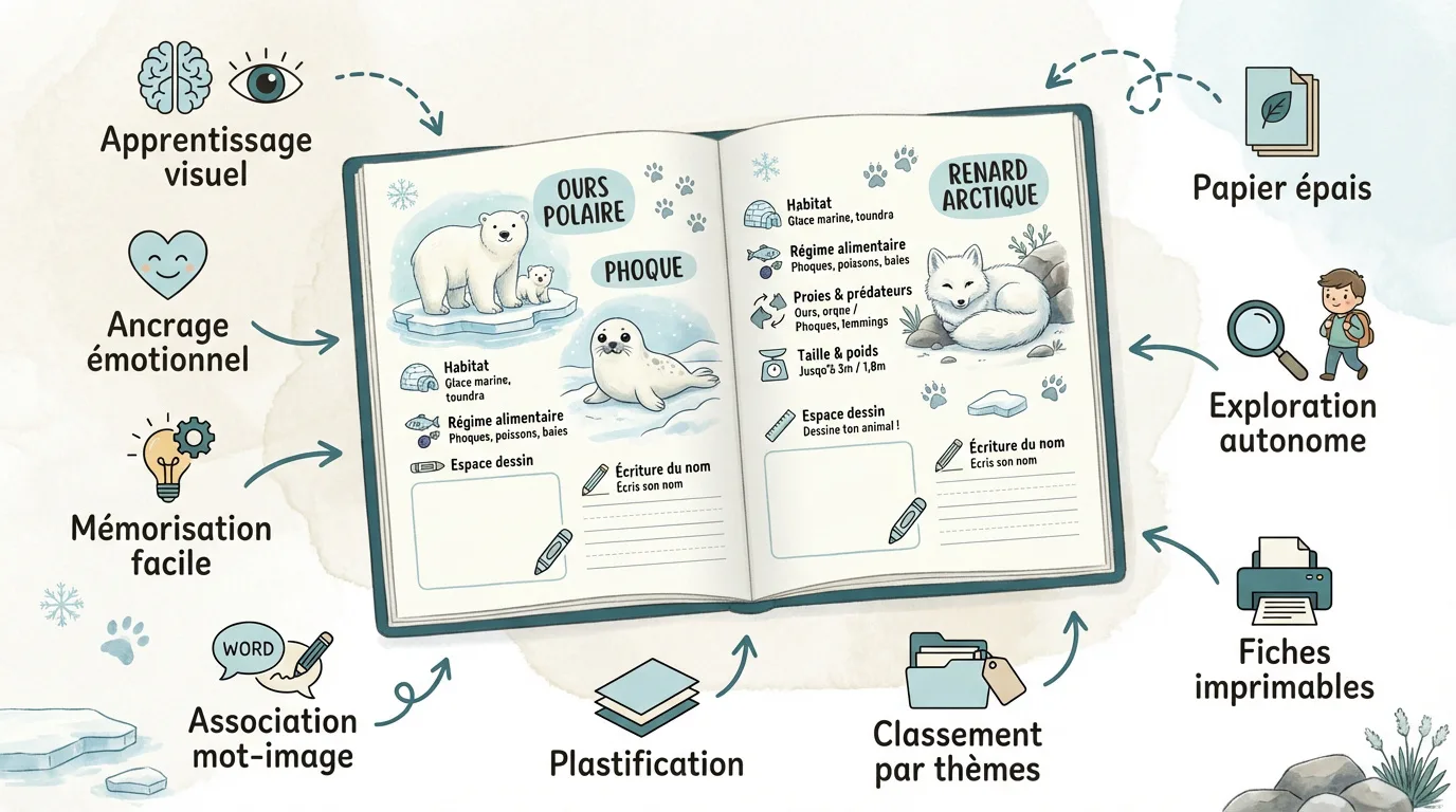 Illustration d'un carnet ouvert avec fiches "Ours Polaire" et "Renard Arctique", décrivant les bénéfices pédagogiques des fiches imprimables.