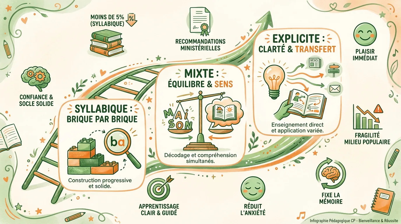 Infographie illustrant la comparaison des méthodes de lecture CP (syllabique, mixte, explicite) avec leurs caractéristiques et avantages.