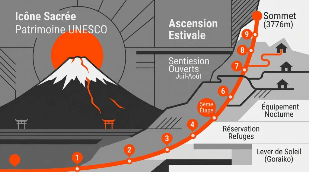 Infographie des étapes et conseils pour l'ascension du Mont Fuji au Japon