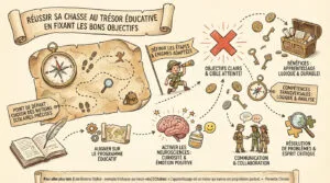 Infographie détaillée sur l'organisation d'une chasse au trésor éducative, montrant les étapes, bénéfices et compétences développées.