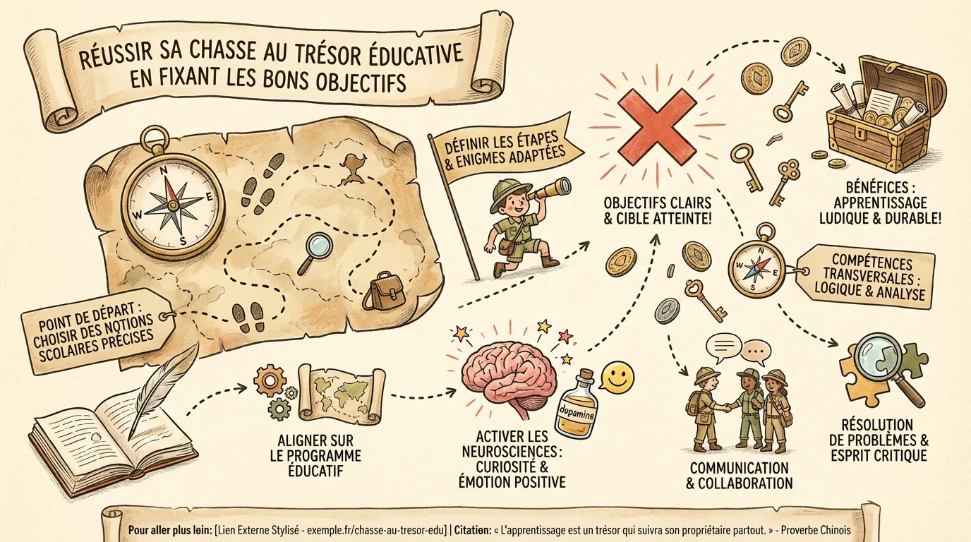 Infographie détaillée sur l'organisation d'une chasse au trésor éducative, montrant les étapes, bénéfices et compétences développées.