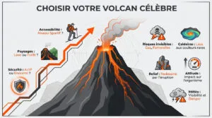 Infographie détaillant les critères pour choisir un volcan à visiter en toute sécurité : accessibilité, paysages, sécurité, risques, caldeiras, relief, altitude, et météo.