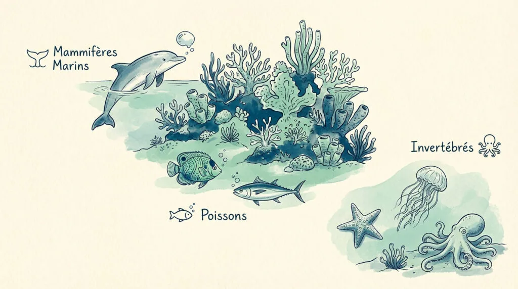 Infographie pédagogique sur la classification des animaux marins par familles