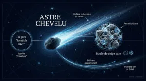 Infographie expliquant ce qu'est une comète, surnommée "astre chevelu", sa composition (roche, glace) et son comportement.