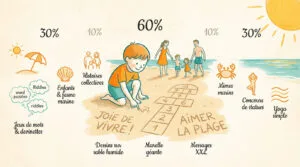 Illustration des activités de plage pour enfants et familles, incluant dessins sur sable, marelle, jeux de mots, faune marine, mimes et yoga.