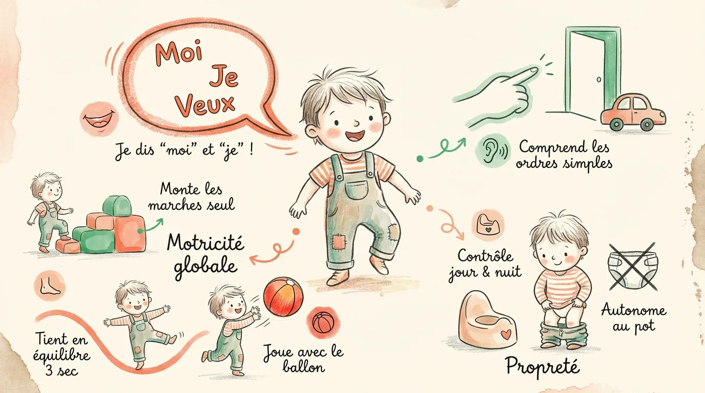 Illustration d'un enfant souriant montrant les étapes de développement (3-6 ans) : langage, motricité (équilibre, ballon) et propreté.