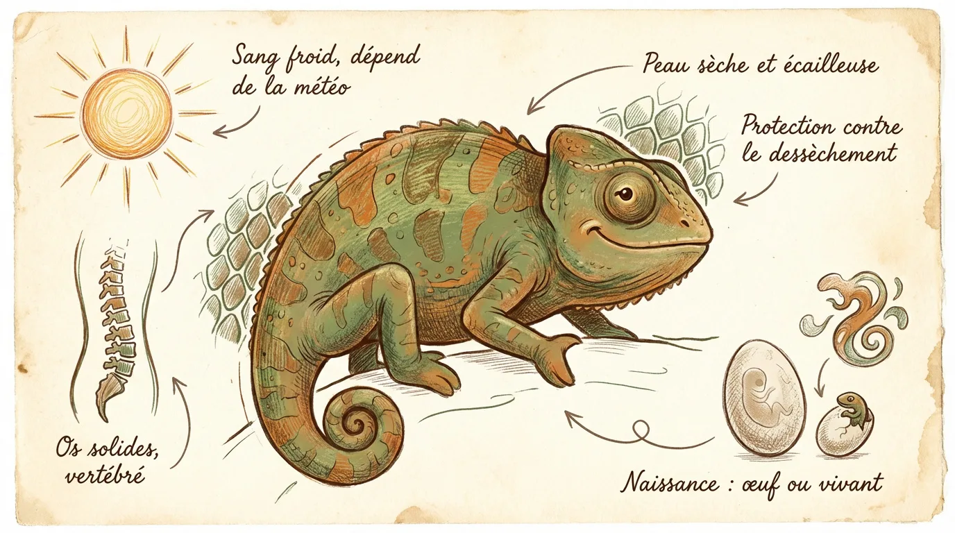 Illustration d'un caméléon vert et orange avec des annotations expliquant ses caractéristiques : sang froid, peau écailleuse, vertébré, et naissance par œuf ou vivipare.