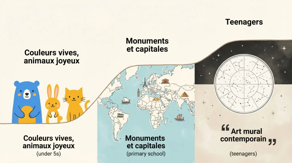 Infographie montrant l'évolution de l'apprentissage de la géographie selon l'âge de l'enfant