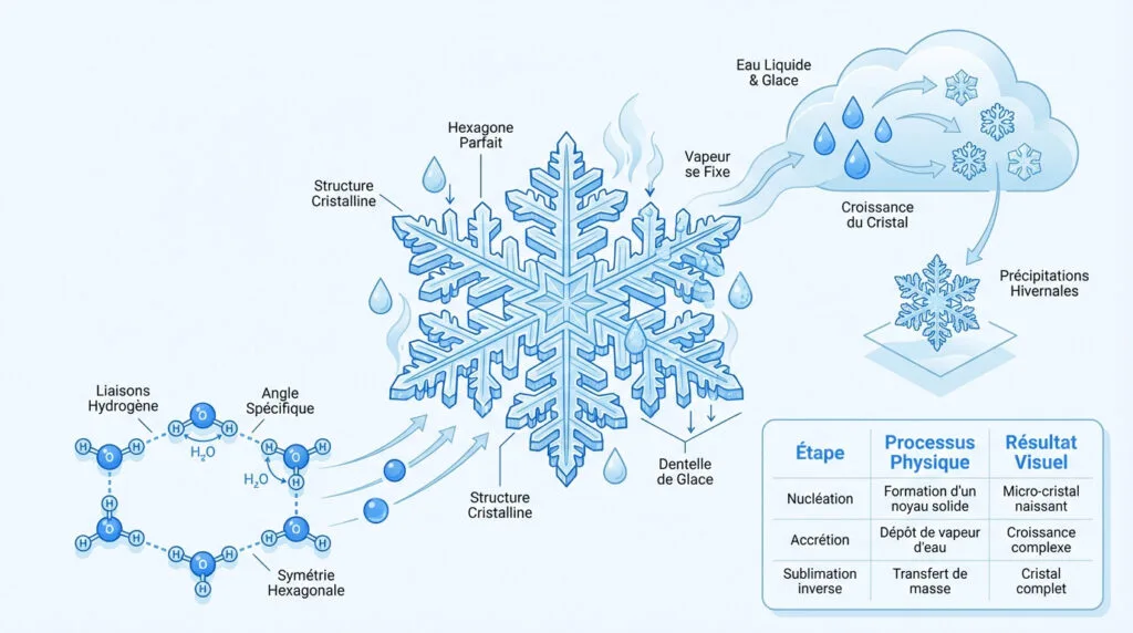 Infographie expliquant les étapes de formation d'un cristal de glace dans l'atmosphère