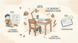 Infographie des facteurs clés pour la réussite scolaire au CP: préparation, environnement de travail et communication.