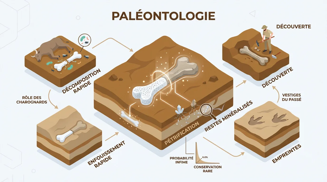 Infographie détaillant les étapes de la fossilisation: décomposition, enfouissement, pétrification et découverte archéologique.