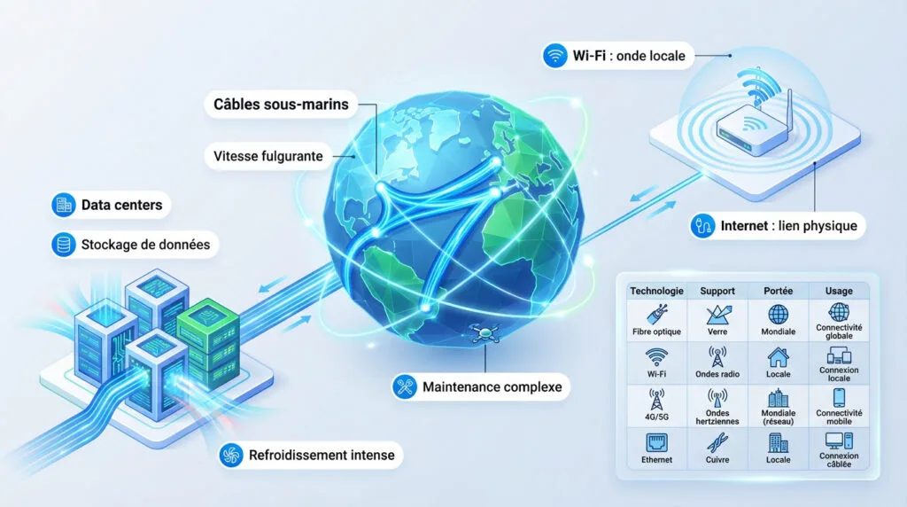 Infographie montrant les infrastructures physiques et les câbles sous-marins qui composent le réseau internet mondial