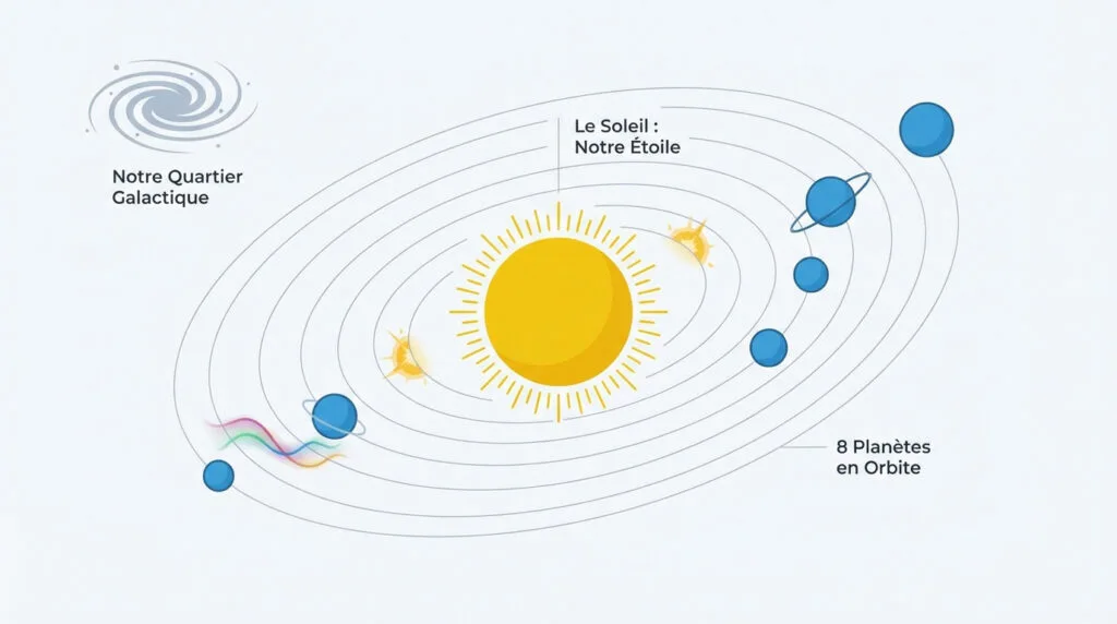 Infographie montrant le soleil et les planètes du système solaire dans la voie lactée