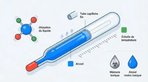 Illustration du fonctionnement d'un thermomètre à alcool. Montre la dilatation du liquide dans un tube capillaire et compare l'alcool au mercure.