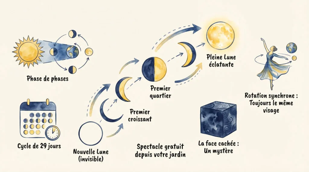 Infographie pédagogique expliquant les phases de la lune et le cycle lunaire pour les enfants