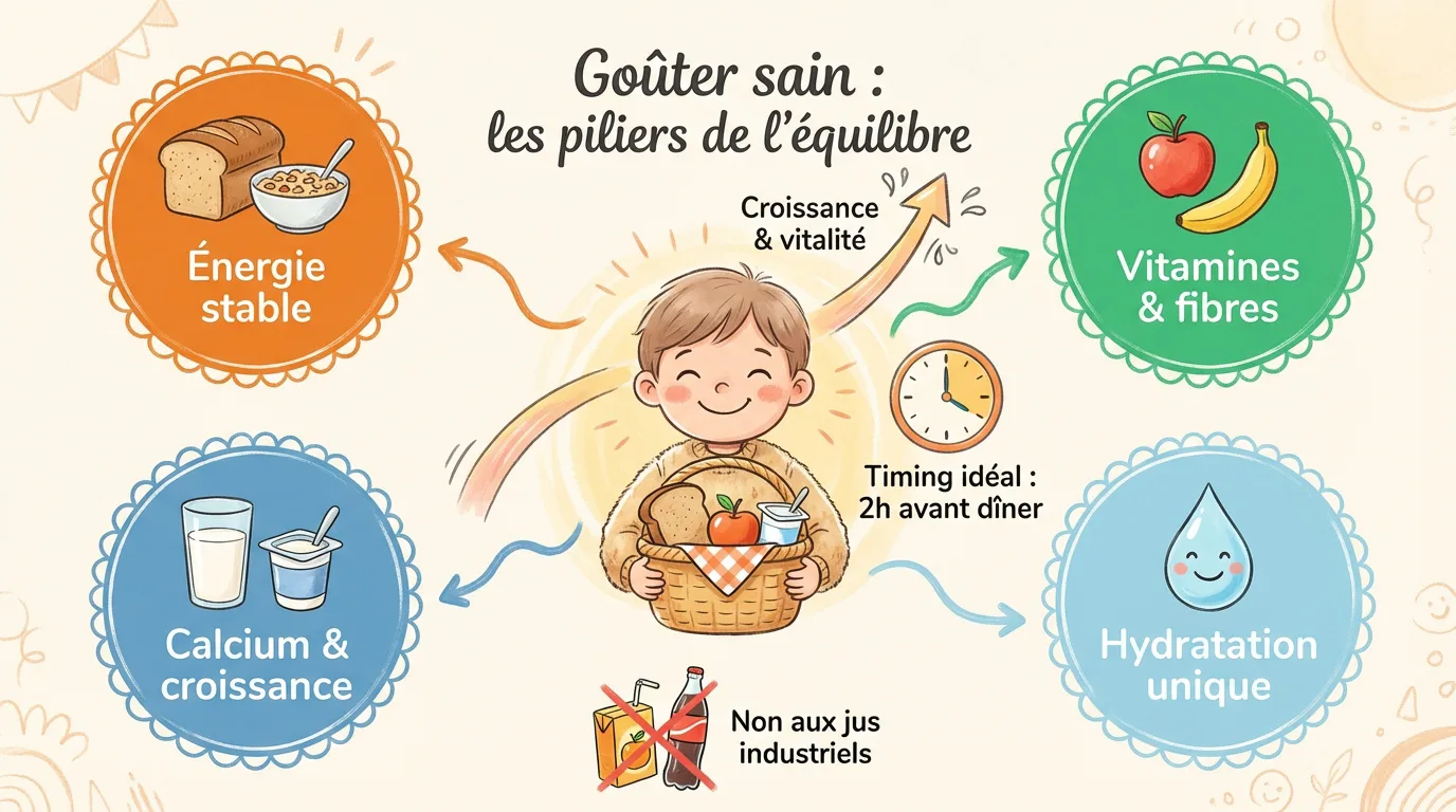 Infographie sur les principes d'un goûter équilibré pour enfant: énergie, vitamines, calcium, hydratation, timing et évitement des jus sucrés.
