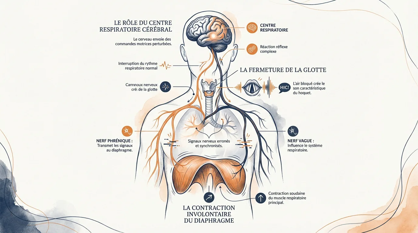 Schéma détaillé expliquant les causes neurologiques et physiques du hoquet, incluant le cerveau, le diaphragme et la glotte.