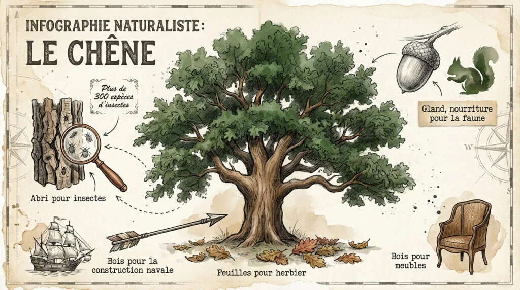 Infographie éducative présentant les feuilles et les glands du chêne pour les enfants