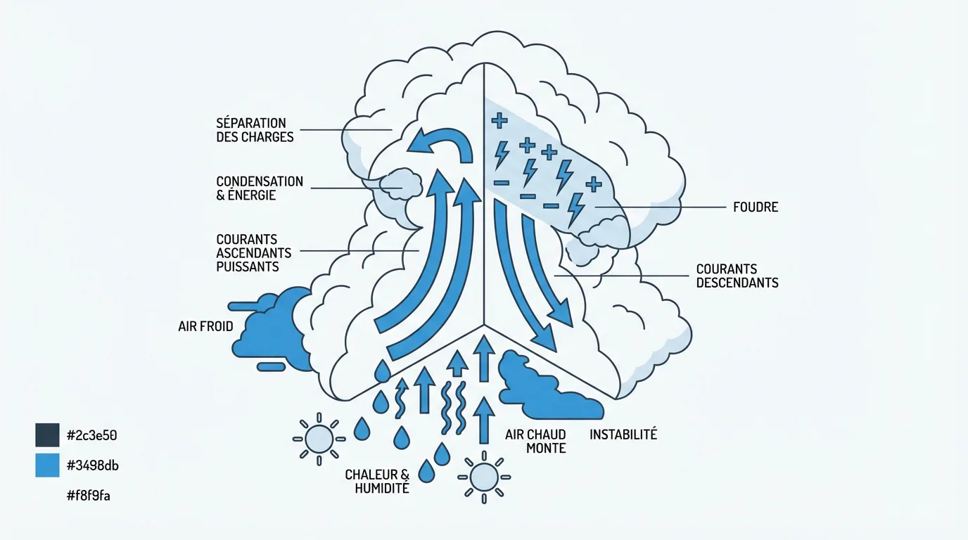 Infographie illustrant le processus de formation des orages, des courants d'air ascendants/descendants à la génération de foudre.