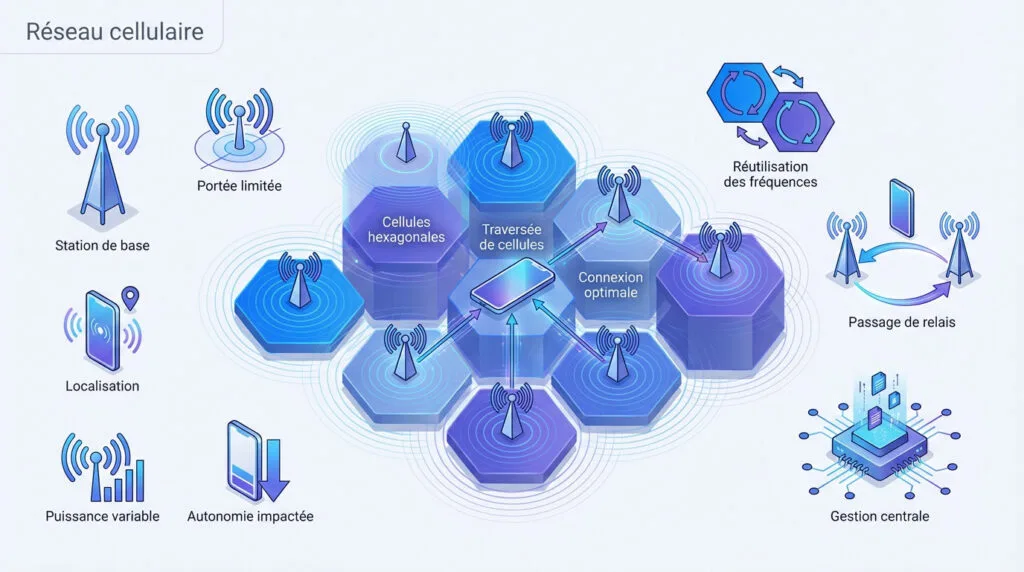 Infographie montrant le fonctionnement d'un réseau cellulaire avec ses antennes et ses cellules