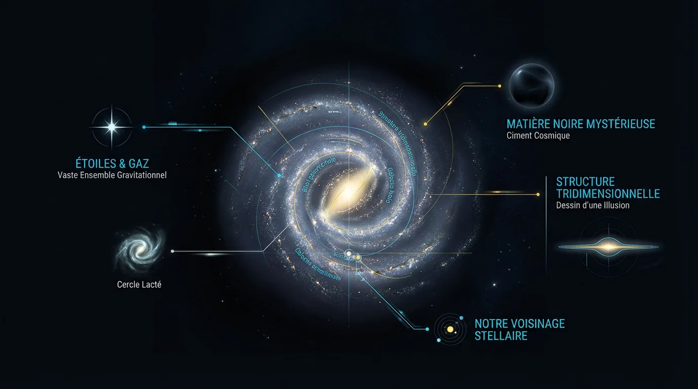 Diagramme illustrant la Voie lactée vue d'en haut, détaillant ses bras spiraux et ses composants clés comme étoiles, gaz, matière noire, et notre voisinage stellaire.