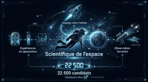 Infographie sur le métier d'astronaute scientifique : expériences, voyage spatial, observation terrestre, et sélection de 22 500 candidats.