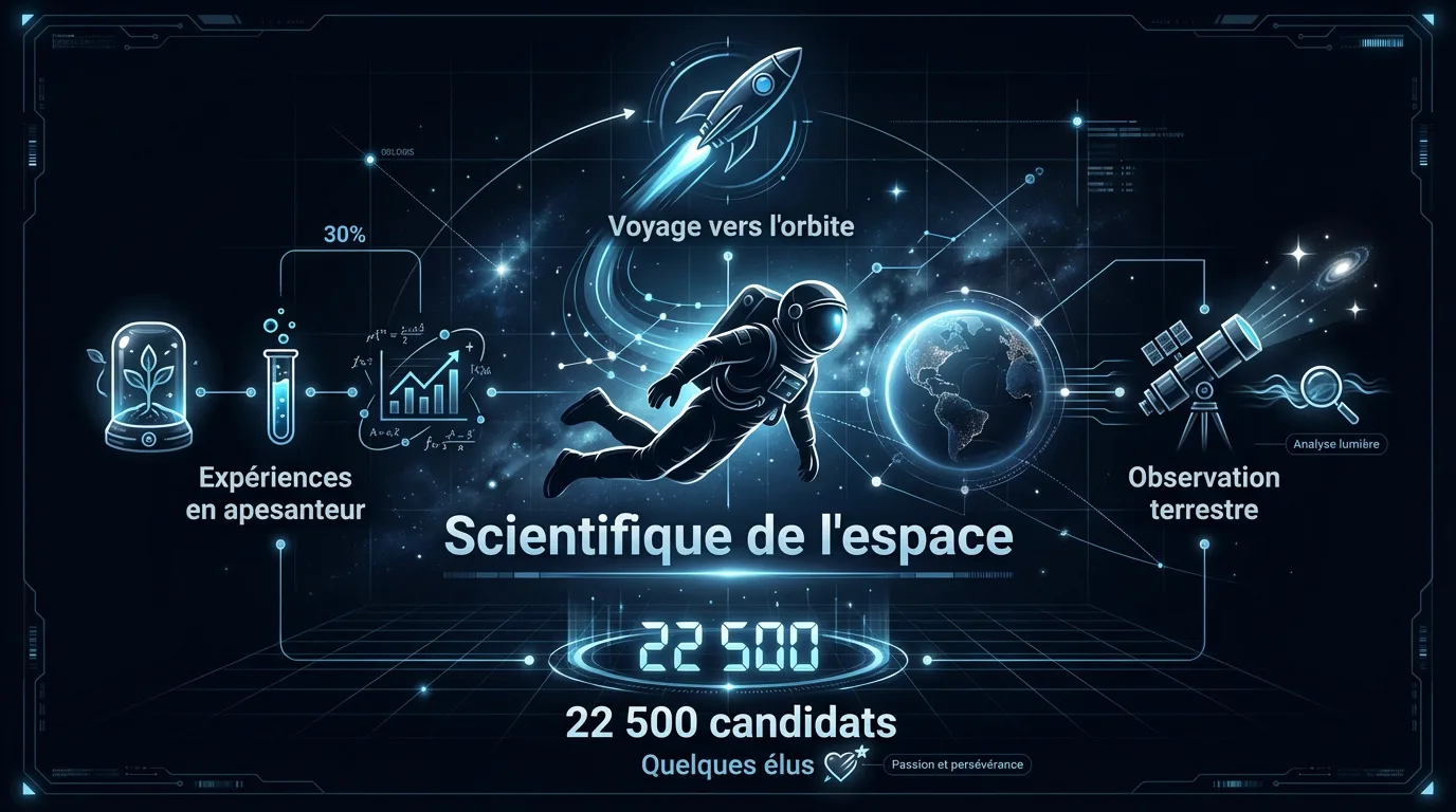 Infographie sur le métier d'astronaute scientifique : expériences, voyage spatial, observation terrestre, et sélection de 22 500 candidats.