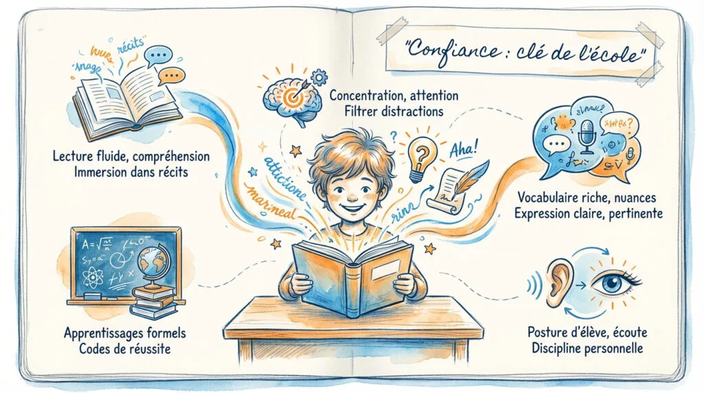 Infographie illustrant les étapes clés de l'apprentissage et de la confiance chez l'enfant de 6 à 10 ans