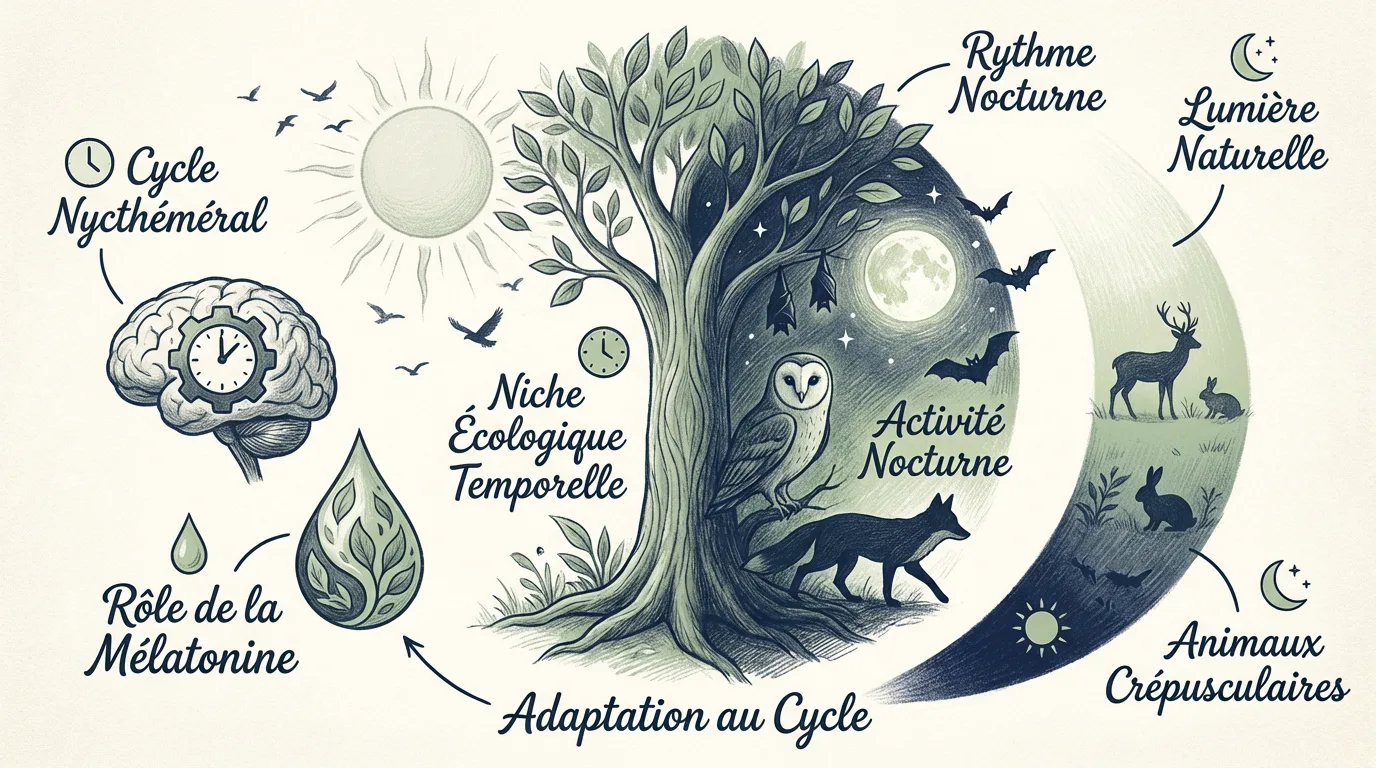 Infographie du cycle nycthéméral: animaux diurnes et nocturnes (hibou, renard, chauve-souris, cerf, lapins), rôle du cerveau et mélatonine.