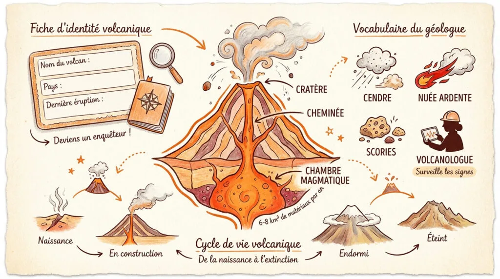 Infographie pédagogique expliquant le fonctionnement d'un volcan pour les enfants