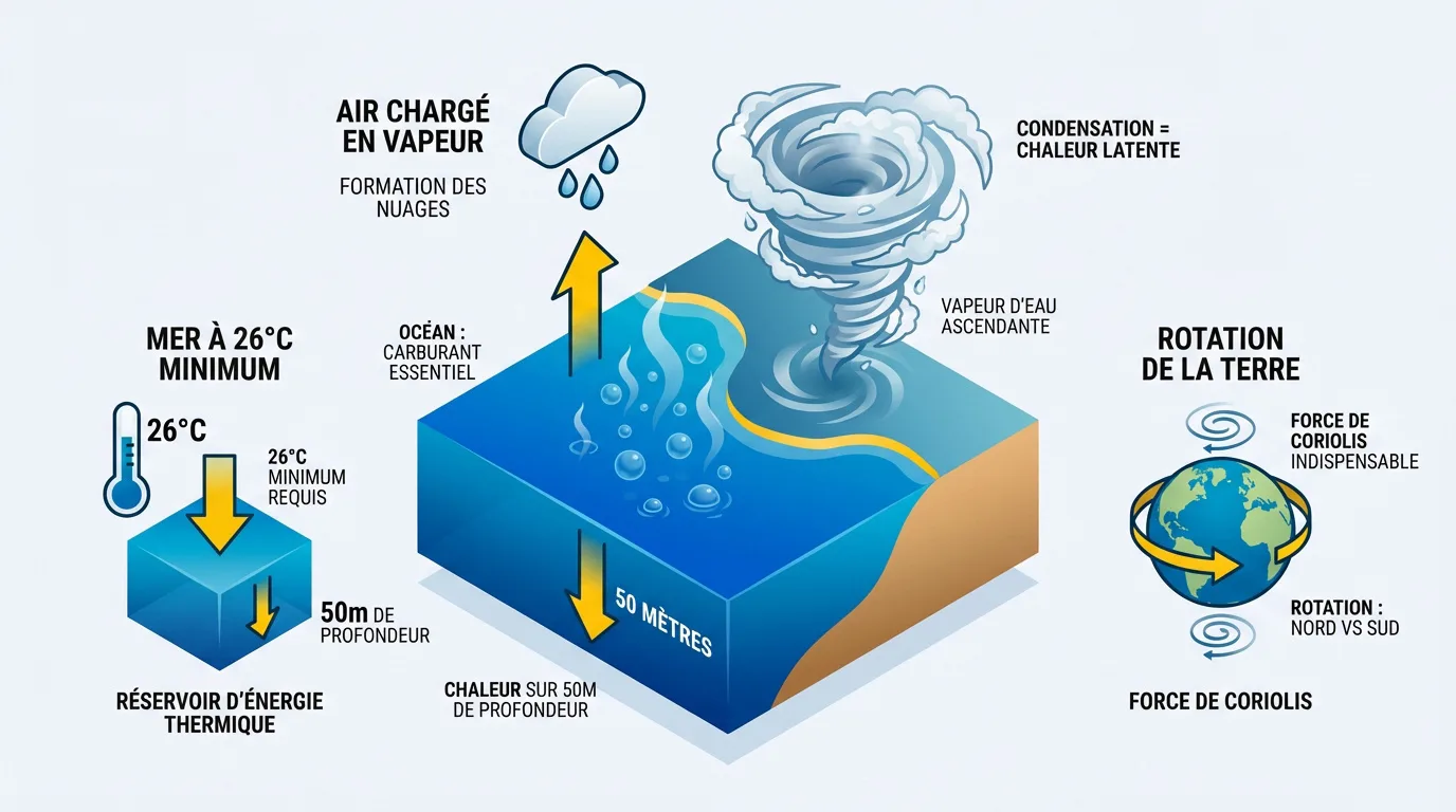 Diagramme illustrant la naissance d'un ouragan avec l'océan chaud (26°C), la vapeur d'eau ascendante et la force de Coriolis.