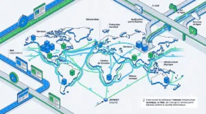 Illustration isométrique de la carte du monde montrant l'infrastructure d'Internet, incluant serveurs, centres de données et les applications Web, e-mail, jeux en ligne.