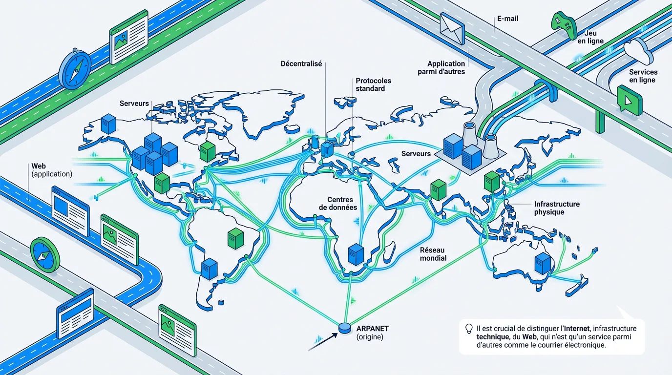 Illustration isométrique de la carte du monde montrant l'infrastructure d'Internet, incluant serveurs, centres de données et les applications Web, e-mail, jeux en ligne.