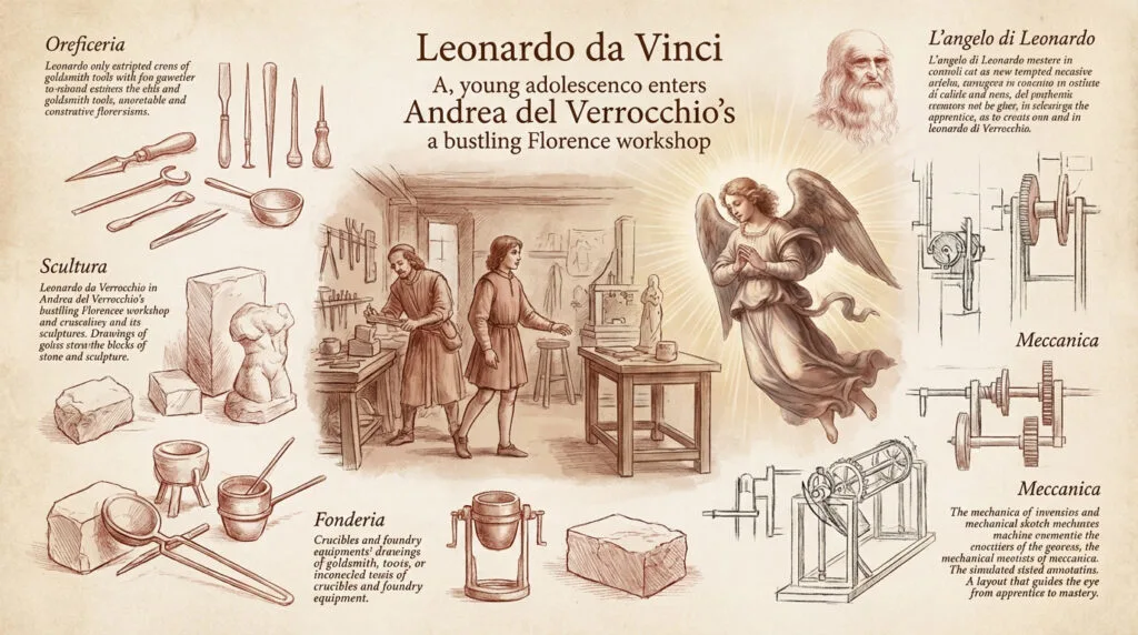 Le jeune Léonard de Vinci travaillant dans l'atelier de son maître Verrocchio à Florence