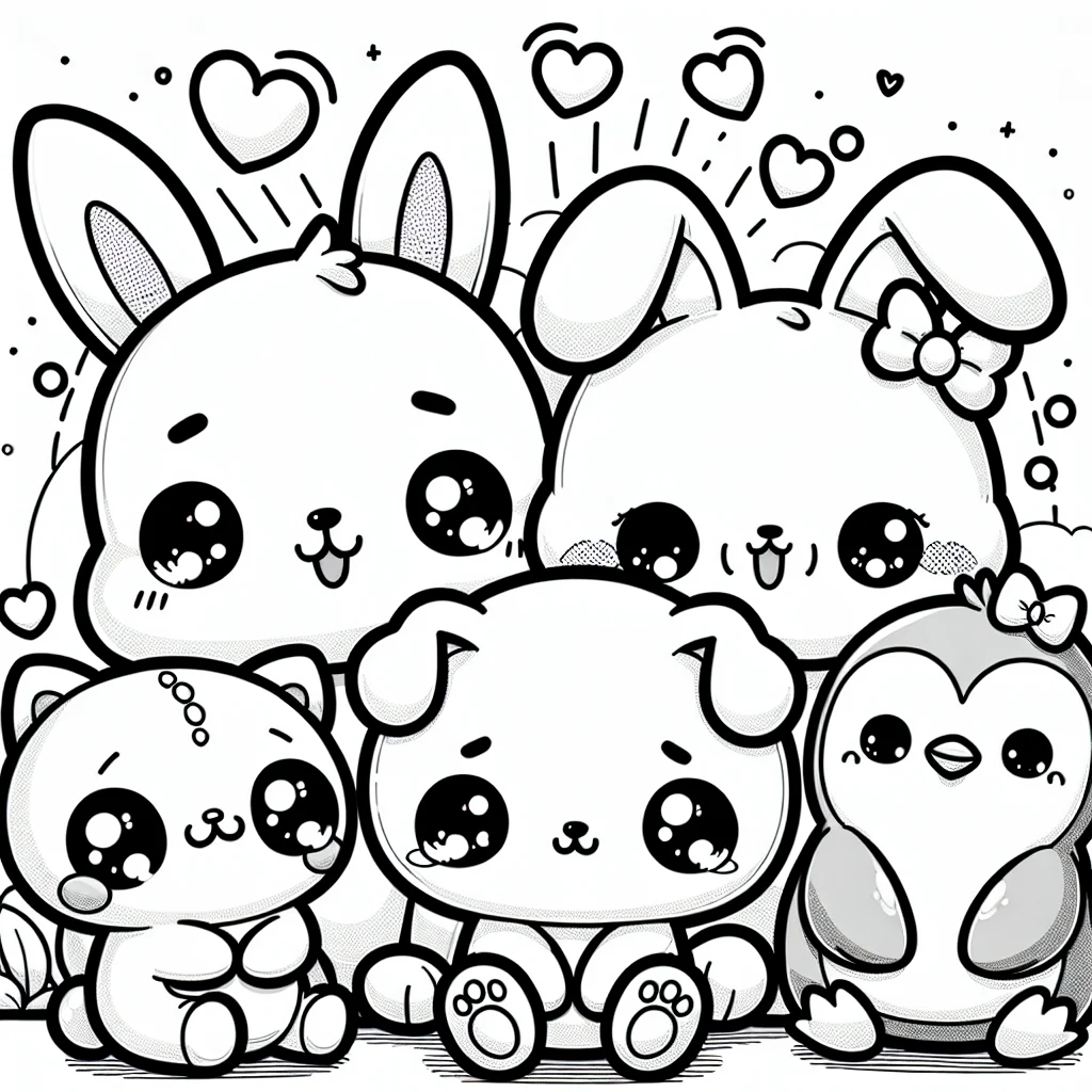 Coloriage kawaii groupe de 5 animaux mignons a imprimer