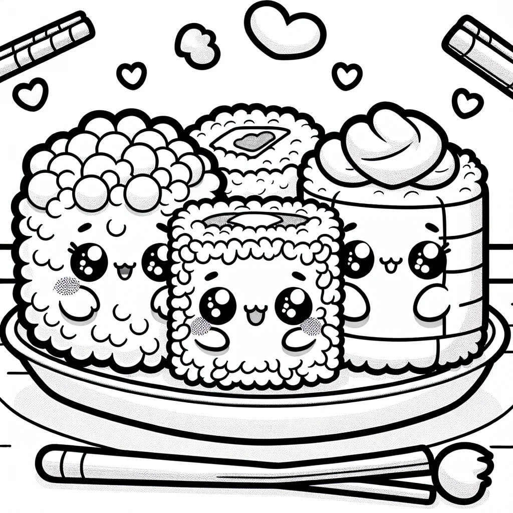 Coloriage kawaii trio de sushi mignons a imprimer