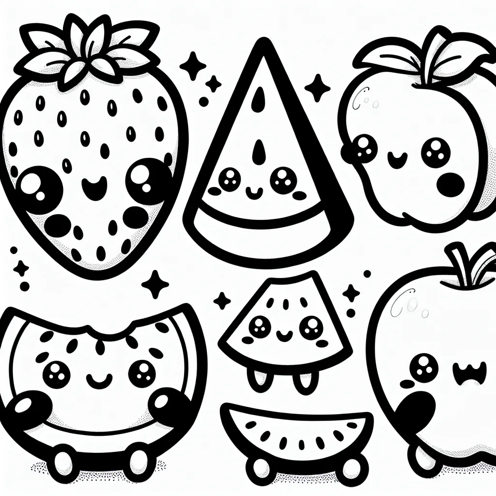 Coloriage kawaii groupe de fruits souriants a imprimer