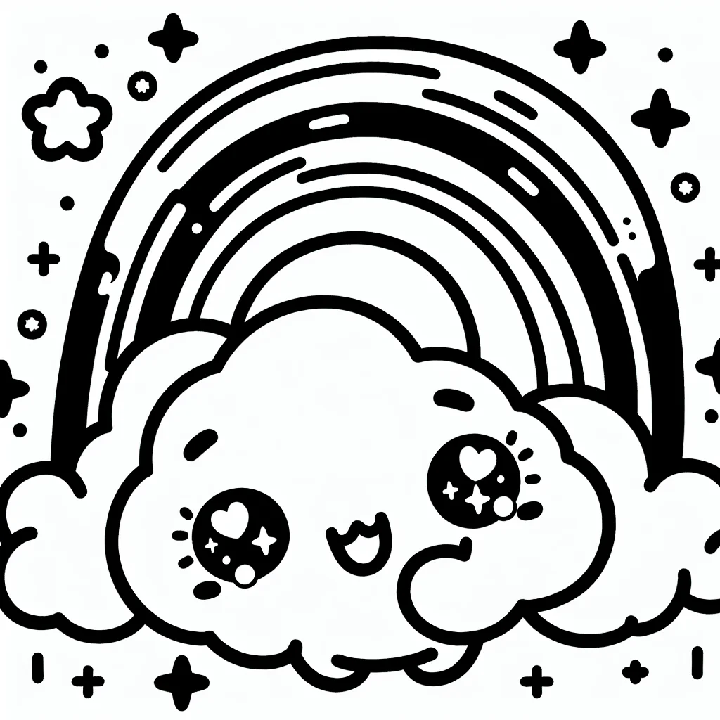 Coloriage kawaii nuage souriant avec arc-en-ciel a imprimer
