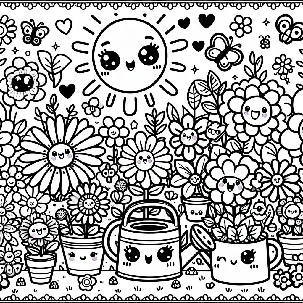 Coloriage kawaii scene de jardin avec fleurs souriantes a imprimer