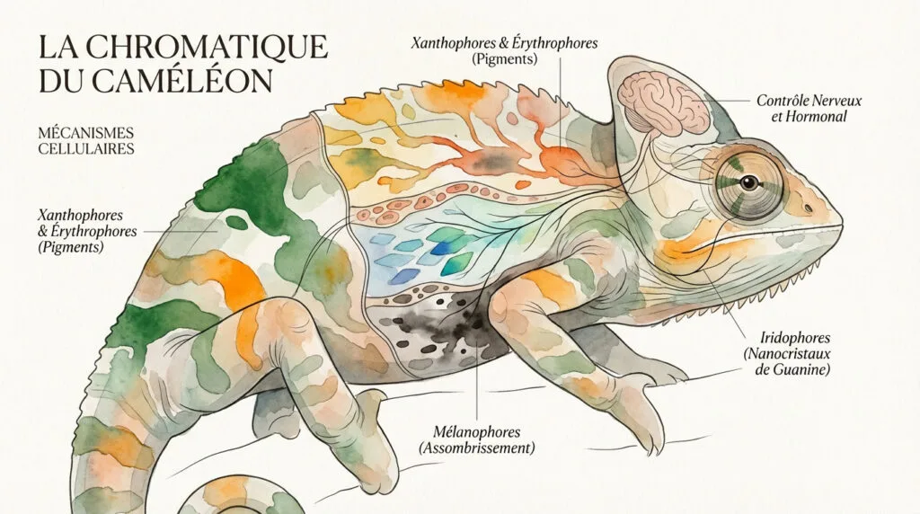 Schéma des couches de cellules pigmentaires dans la peau d'un caméléon