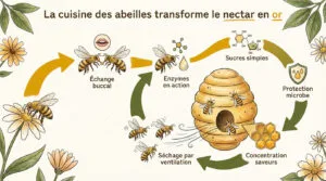Schéma détaillé des étapes de production du miel par les abeilles, du nectar à la ruche et au rayon de miel.