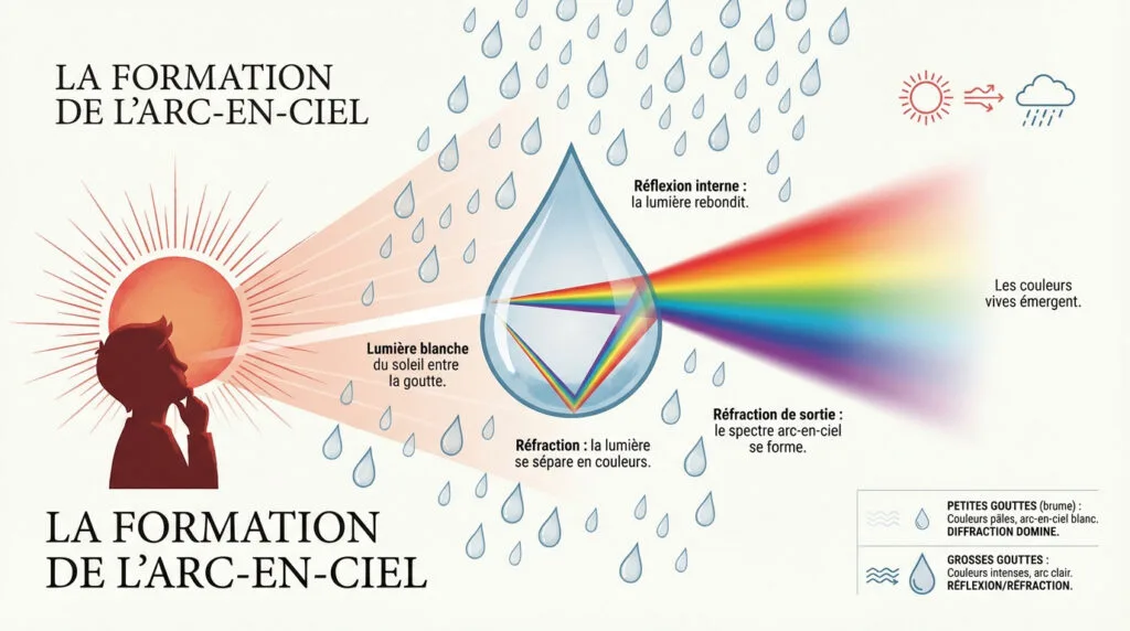 Schéma de la décomposition de la lumière solaire à travers une goutte de pluie créant un arc-en-ciel