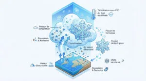 Infographie illustrant les étapes de formation d'un flocon de neige: vapeur d'eau monte, cristallisation autour de noyaux, chute.