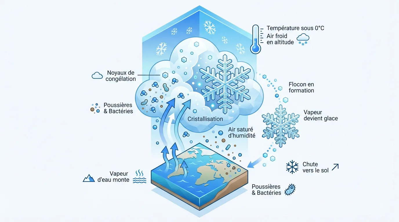 Infographie illustrant les étapes de formation d'un flocon de neige: vapeur d'eau monte, cristallisation autour de noyaux, chute.